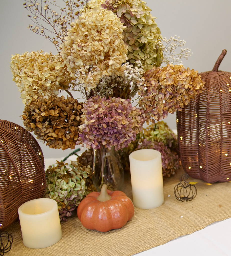 Beautiful dried hydrangea flowers in a thanksgiving tablescape